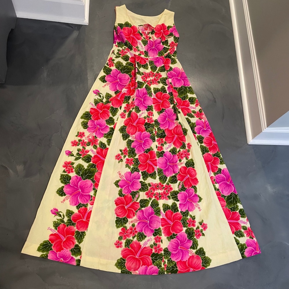 Vintage Ui-Maikai Hawaiian Maxi Dress XS Hibiscus Floral 1960s Cream Pink Empire - Picture 4 of 5